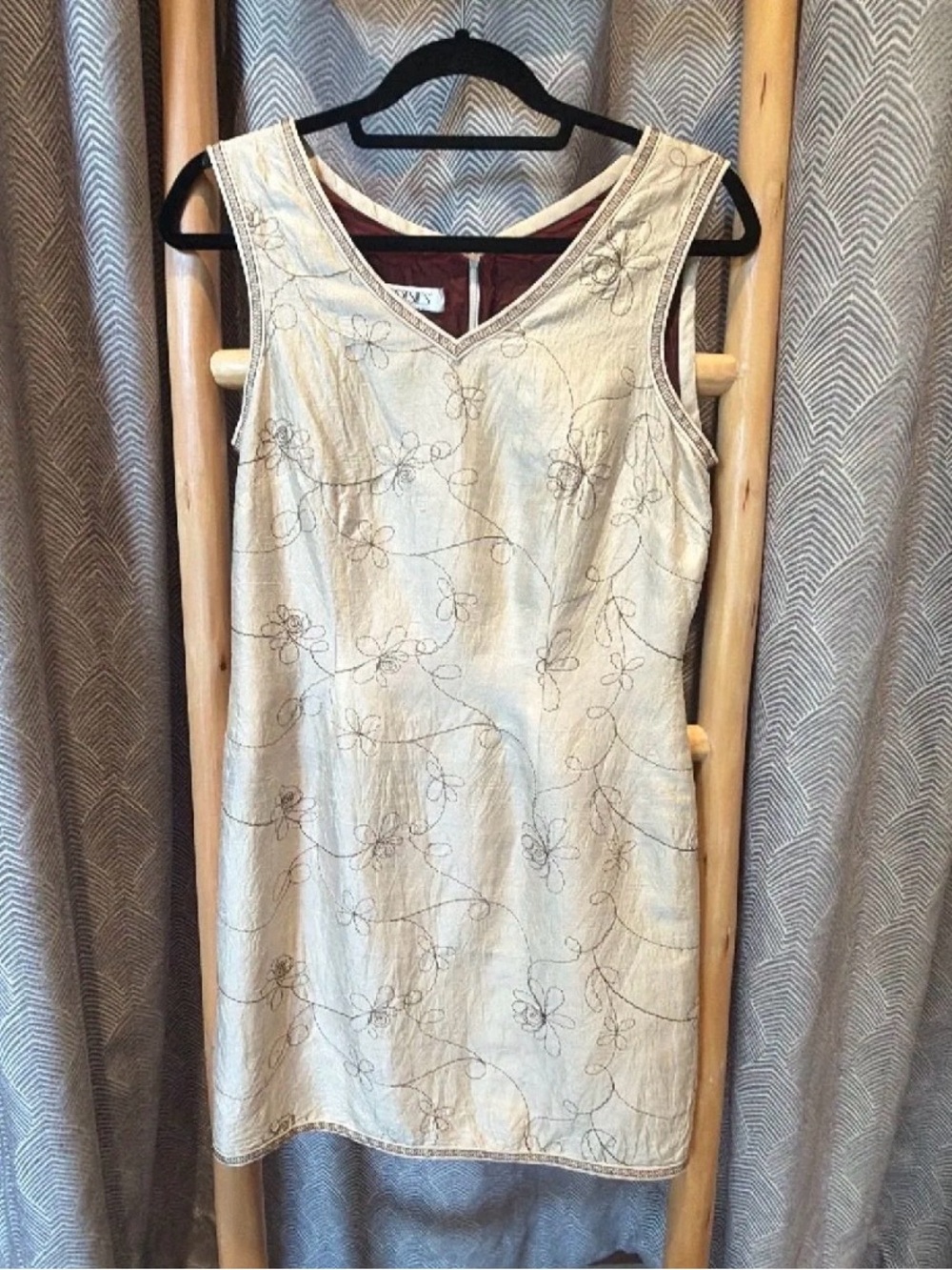 90s Tootsies Cream Embroidered Sleeveless Silk Dress